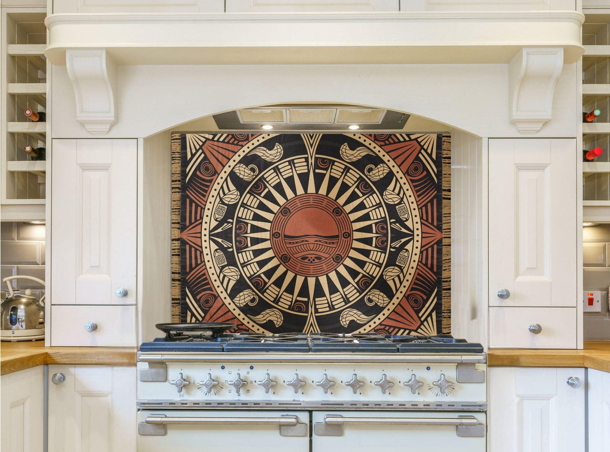 Tempered Glass Kitchen Backsplash: Sun of the Ancients - Heat & Scratch Resistant