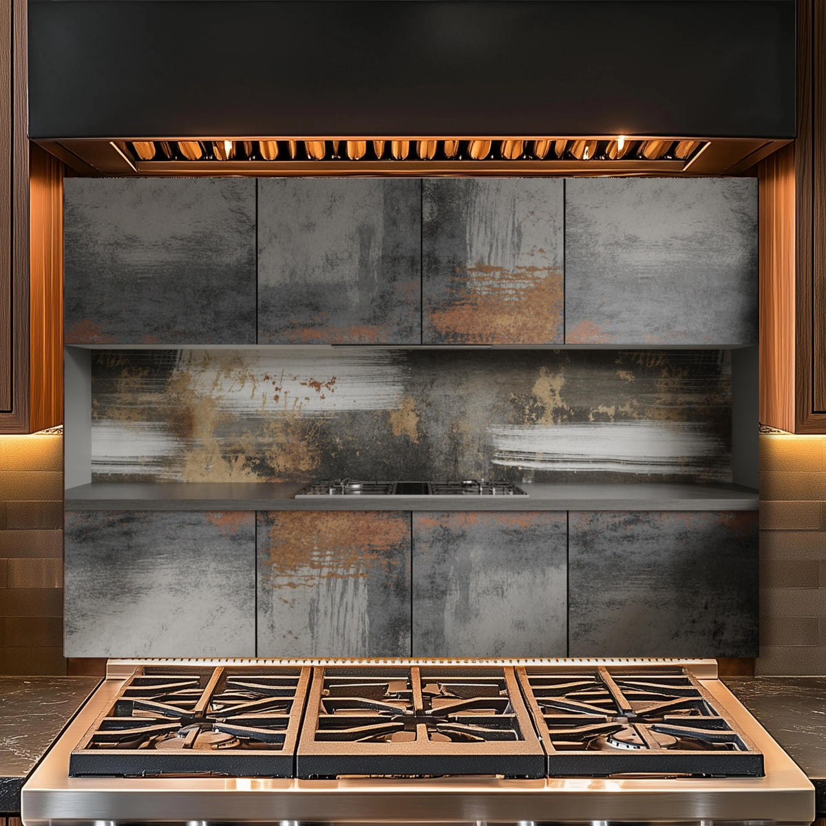 Industrial Rust Tempered Glass Kitchen Backsplash: Copper & Gray Abstract Art